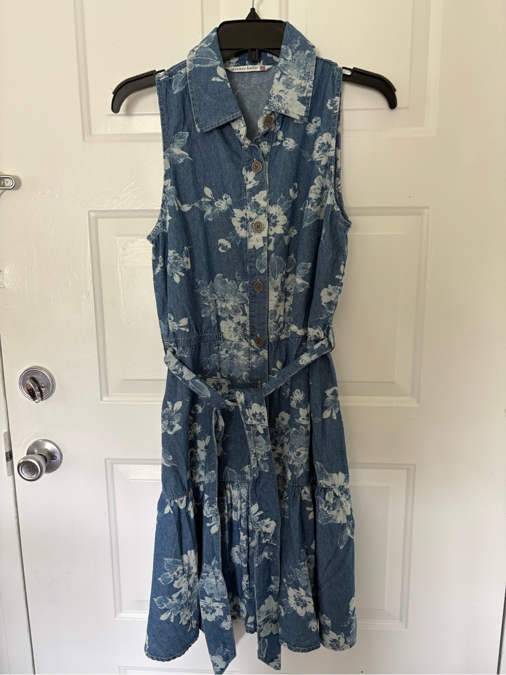Sleeveless Blue Floral Denim Shirt Dress with Tie Waist by American Rag